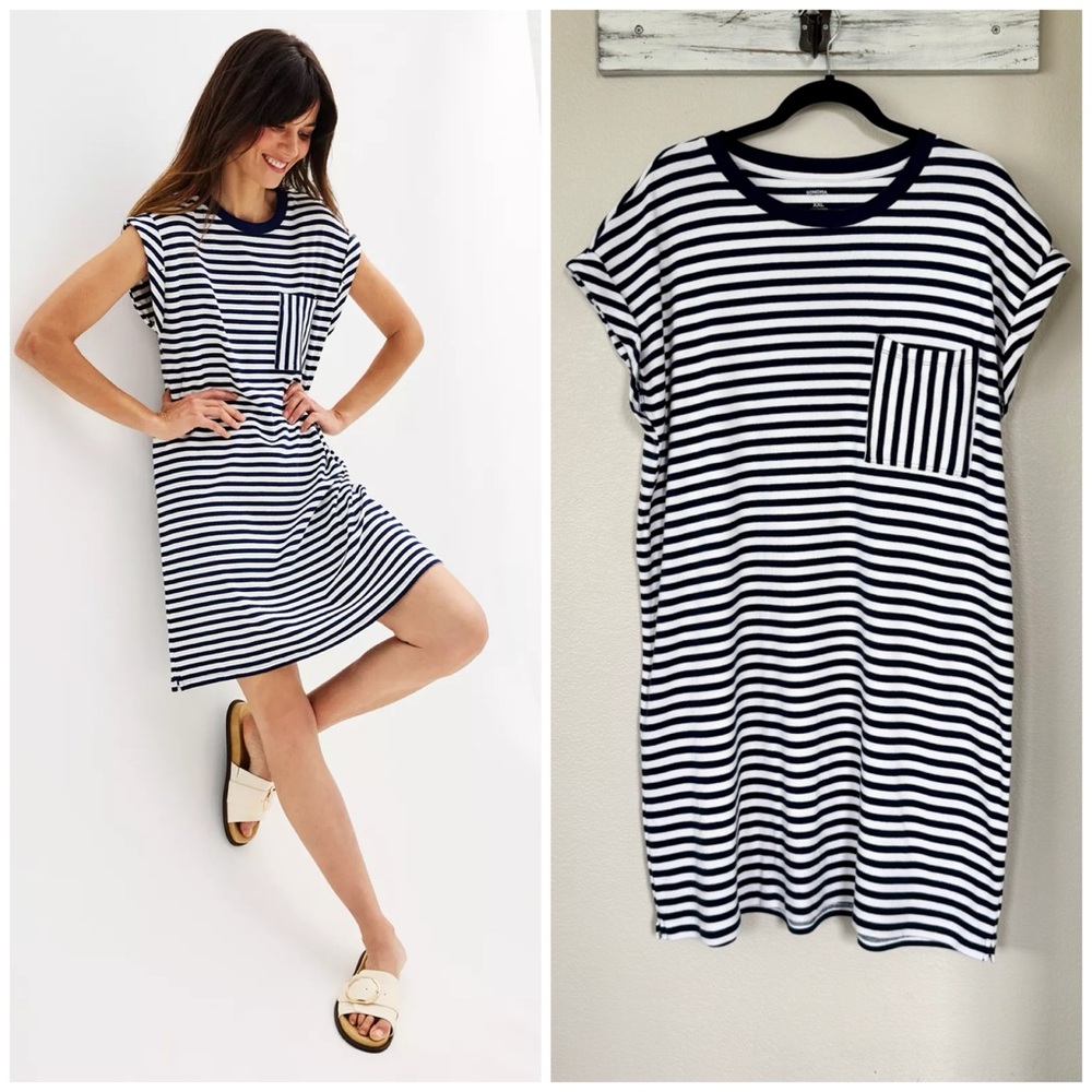 SONOMA XXL XL Striped T-Shirt Dress in Blue Beauty Striped • Ribbed Casual Mini